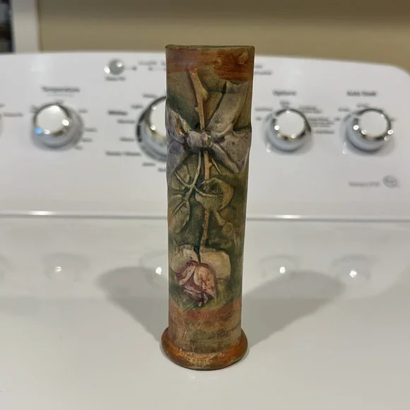 Vintage stamped Weller bud vase with floral embossment 6 by 1.5